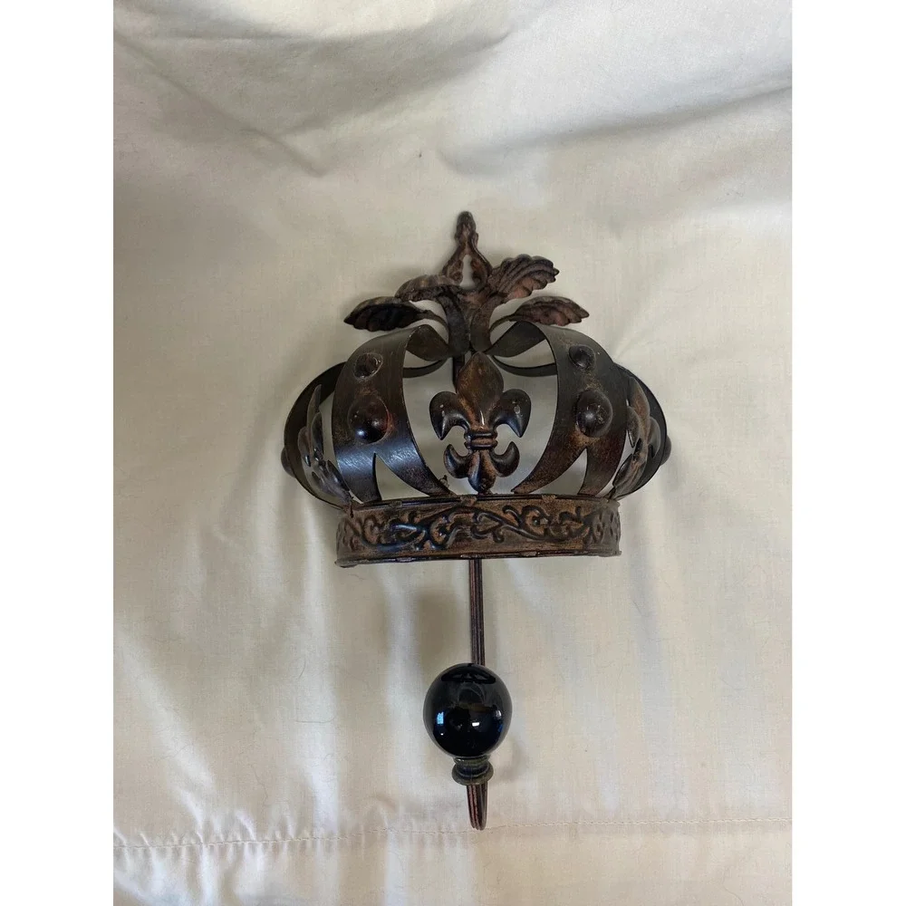 Vintage Bronze Metal Crown Wall Hook Fleur De Lis Regal Royal Decor 11in